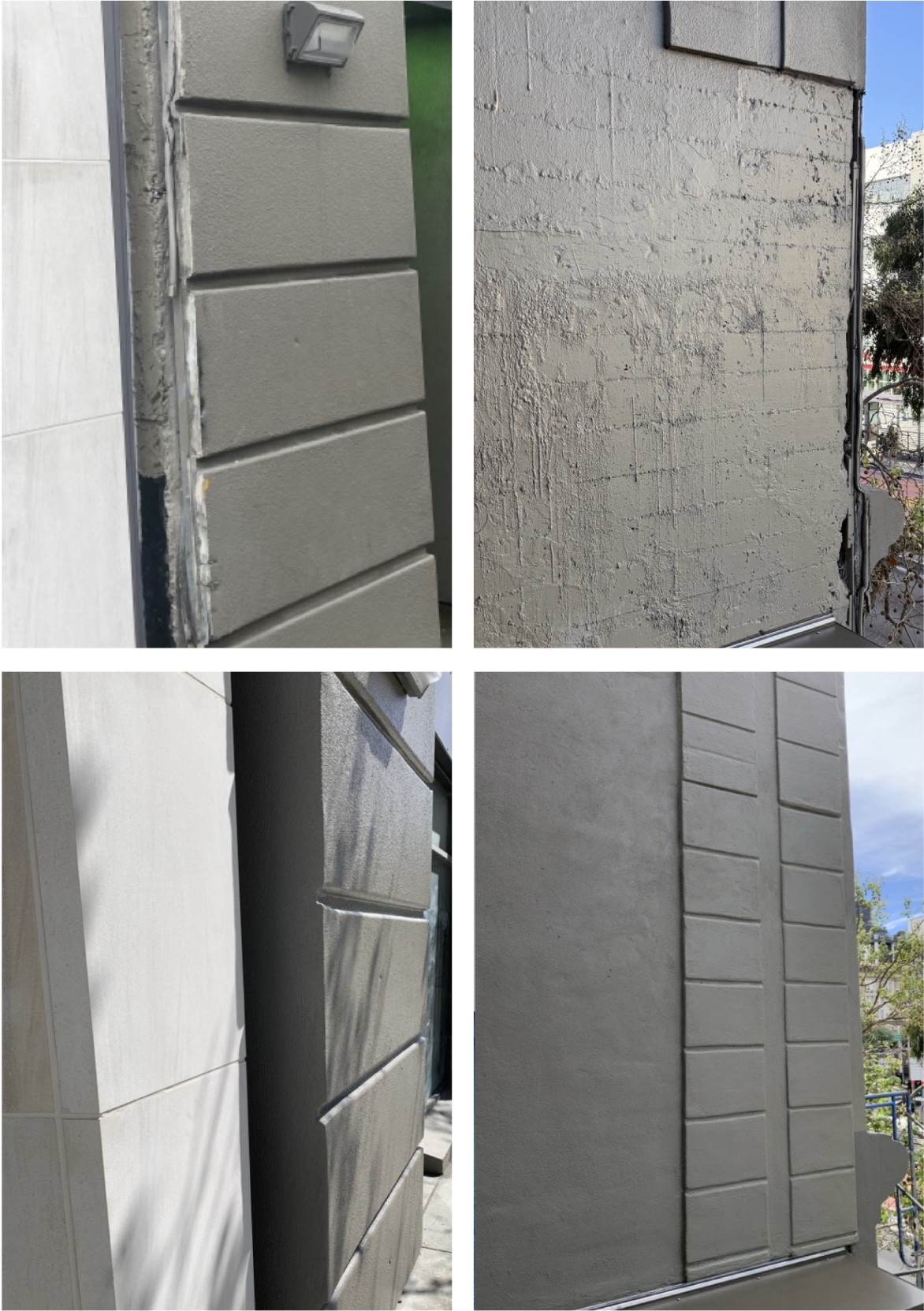 Before-and-after photos of a building façade undergoing aesthetic restoration and waterproofing by Rain Defense. Left images show an exposed, damaged corner and an unfinished concrete wall; right images show the seamlessly sealed, refinished exterior with matching architectural paneling.